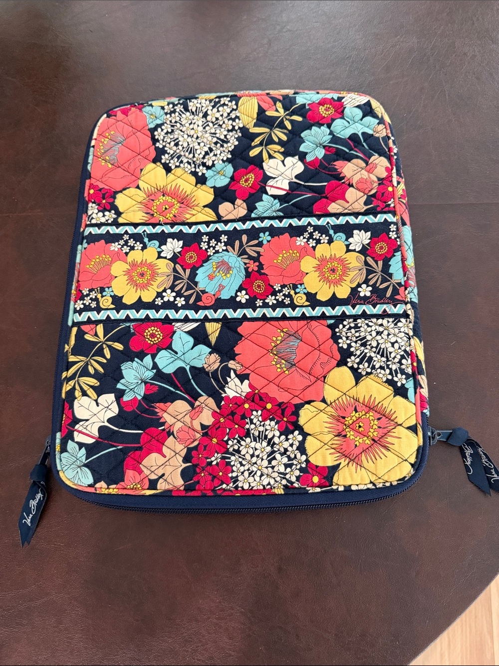 Vera Bradley Navy Floral Quilted Tablet Sleeve with Multi-Colored Blooms